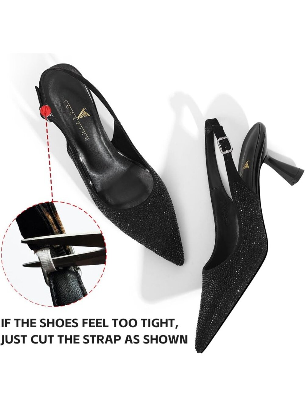 Women's Kitten Heels Slingback Low Heel Dress Shoes Closed Toe Black Rhinestone - Picture 5 of 6